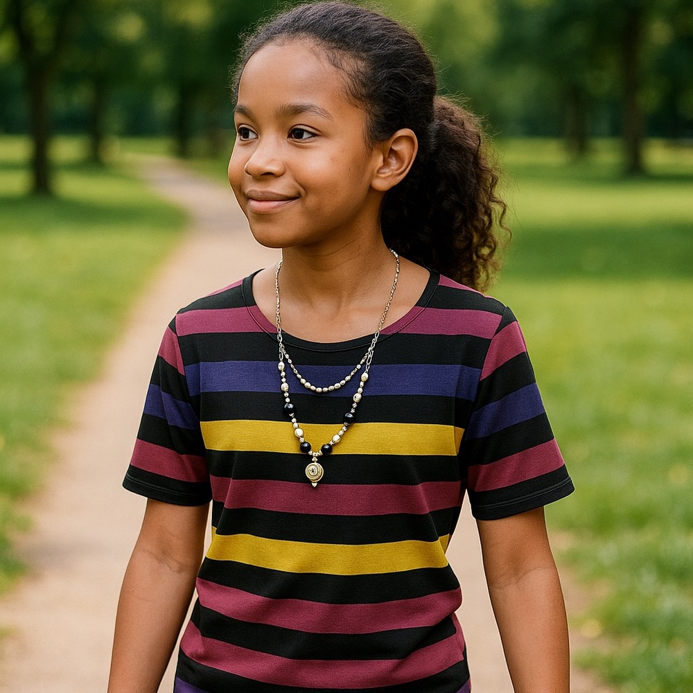 Girls’ Striped Statement Top with Pearl & Charm Necklace – “Little Dollie” Style